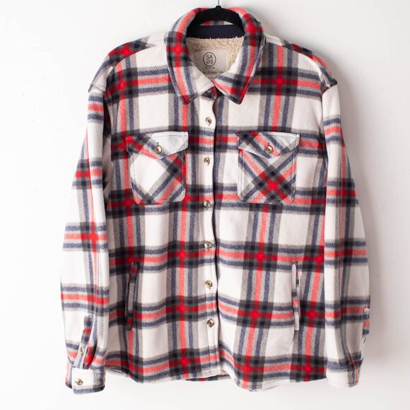 SAGE Women's‎ XL Plush Sherpa Shirt Jacket Red & Blue Plaid Button Up - Picture 1 of 9